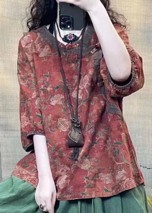 Red O Neck Print Oriental Button Linen Shirts Bracelet Sleeve