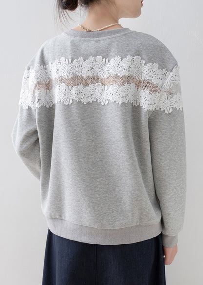 Grey O Neck Lace Patchwork Cotton Sweatshirt Spring