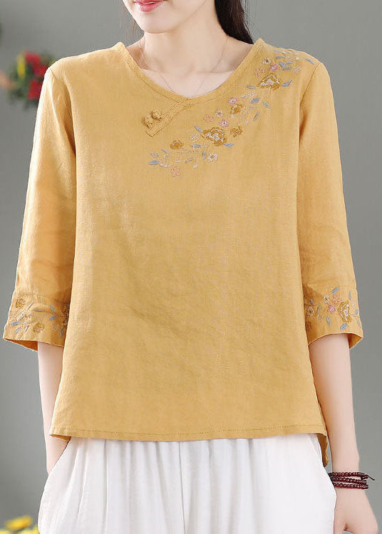 Style Yellow O-neck Embroidered Linen Top Three Quarter Sleeve