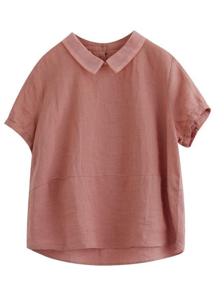 Pink Peter Pan Collar Patchwork Summer Ramie Shirts Short Sleeve