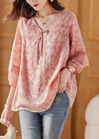 Pink V Neck Chiffon Tops Bracelet Sleeve
