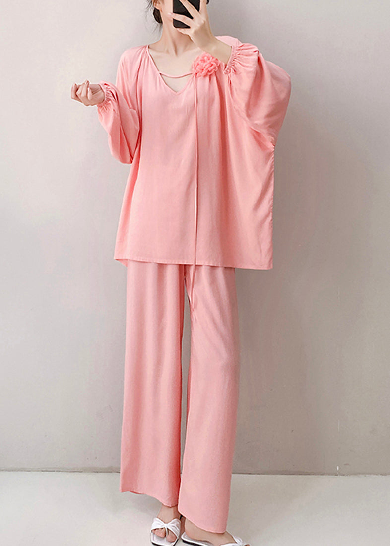 Loose Pink V Neck Cotton Pajamas Two Piece Set Fall