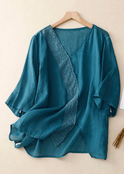 Yellow V Neck Lace Linen Top Half Sleeve