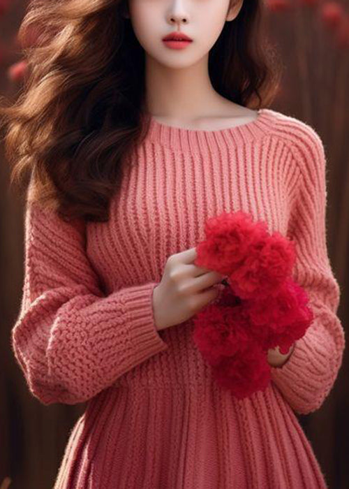 Pink O Neck High Waist Knit Sweater Dress Winter