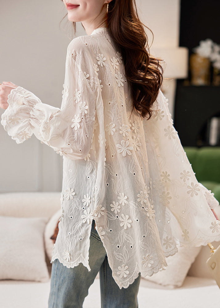 French Beige O-neck Embroidered Shirt Spring