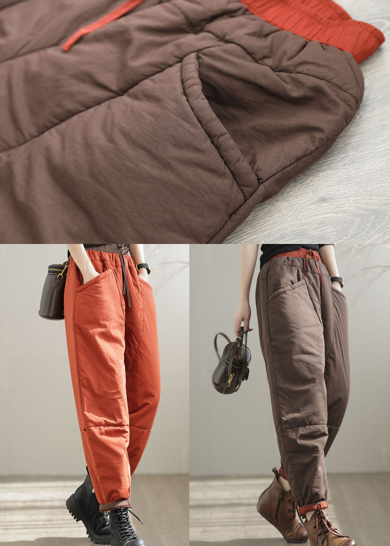 Orange Elastic Waist Pockets Patchwork Fine Cotton Filled Pants Winter