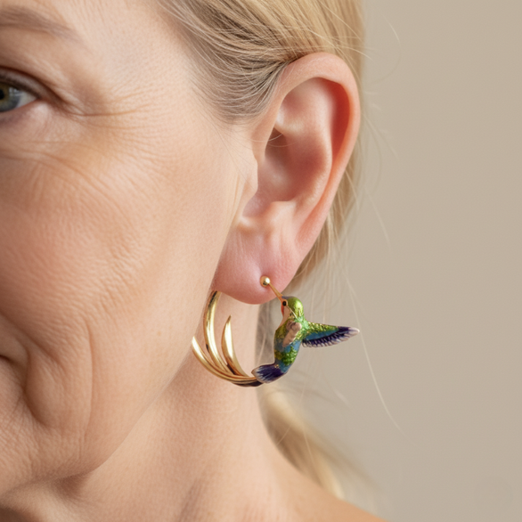 Enamel Hummingbird Hoop Earrings