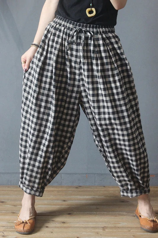 Limited Stock- Summer Plaid Drawstring Cotton Linen Harem Pants