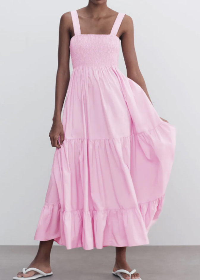 Pink Wrinkled Cotton Spaghetti Strap Dress Sleeveless