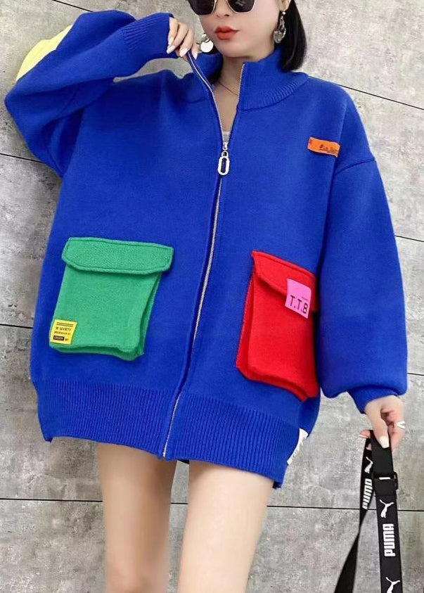 Black Zip Up Pockets Patchwork Knit Cardigans Spring
