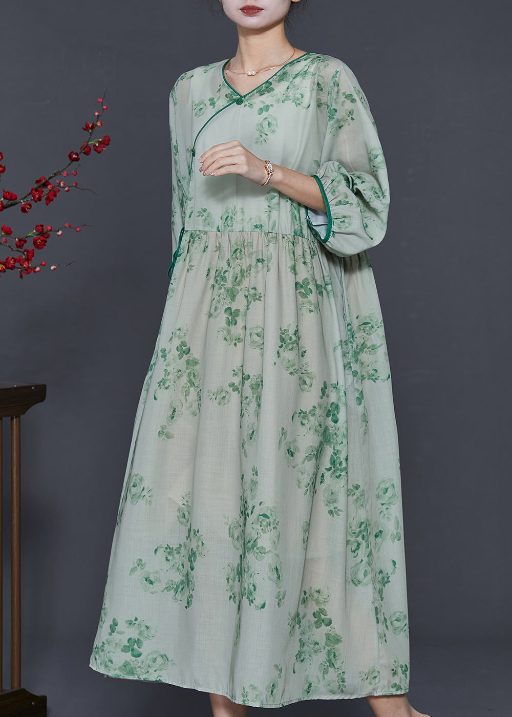 Green Print Linen Oriental Dresses Bracelet Sleeve