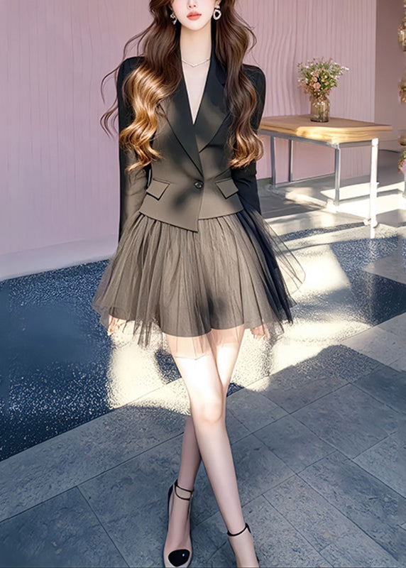 French Black Notched Coats and Tulle Skirts Two Pieces Set Long Sleeve