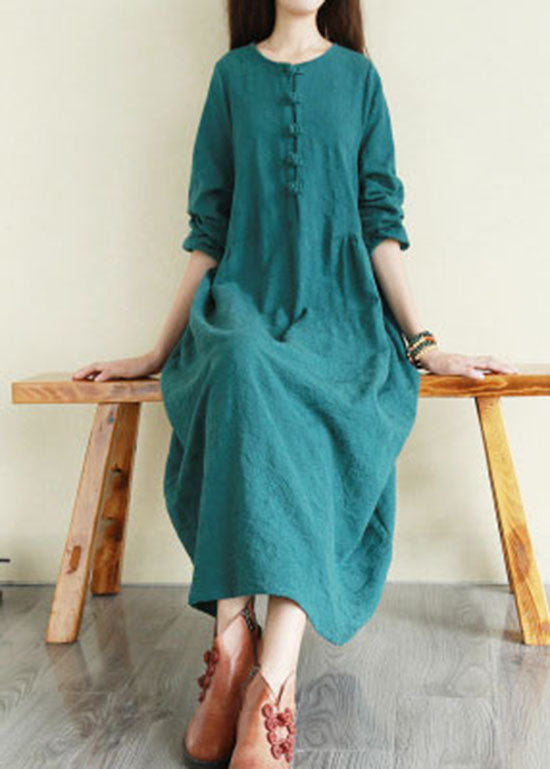 Handmade Peacock Green O-neck Button Cinched Long Dresses Long Sleeve