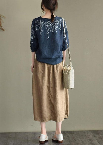 Handmade Navy Lantern Sleeve O-neck Embroidered Summer Ramie Blouses
