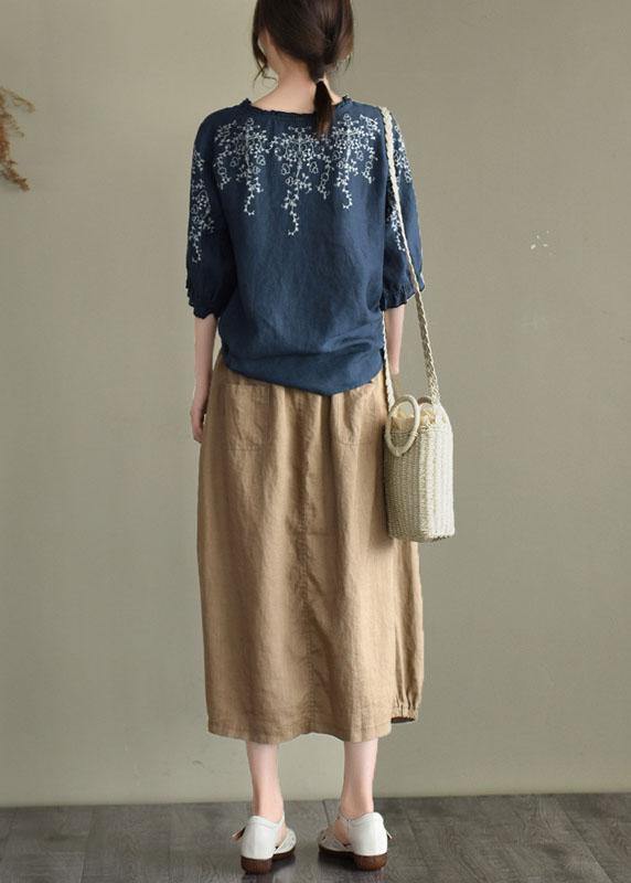 Handmade Navy Lantern Sleeve O-neck Embroidered Summer Ramie Blouses