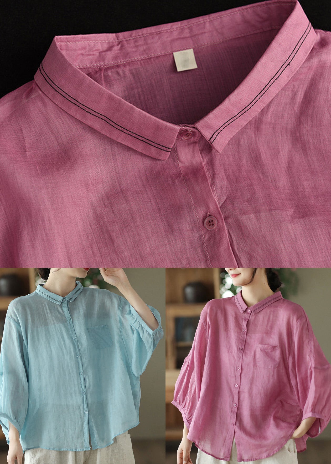 Organic Rose Patchwork Button Ramie Top Long Sleeve