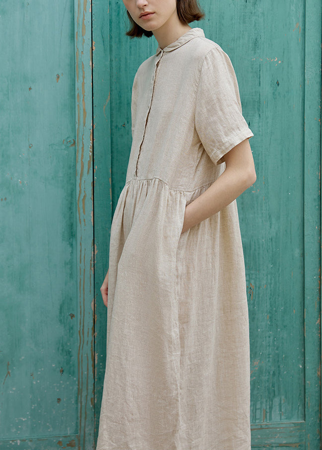 New Beige Peter Pan Collar Wrinkled Linen Long Dress Summer