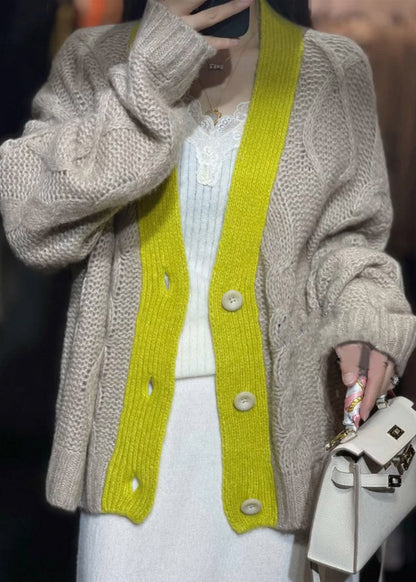 Khaki V Neck Button Patchwork Knit Cardigans Fall