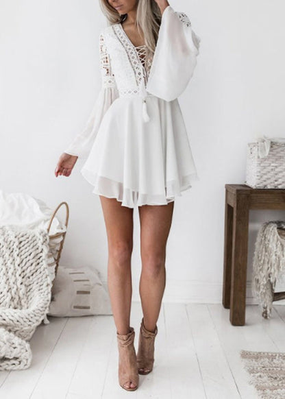White Lace Hollow Out V-neck Lace Up Flared Sleeve Chiffon Dress