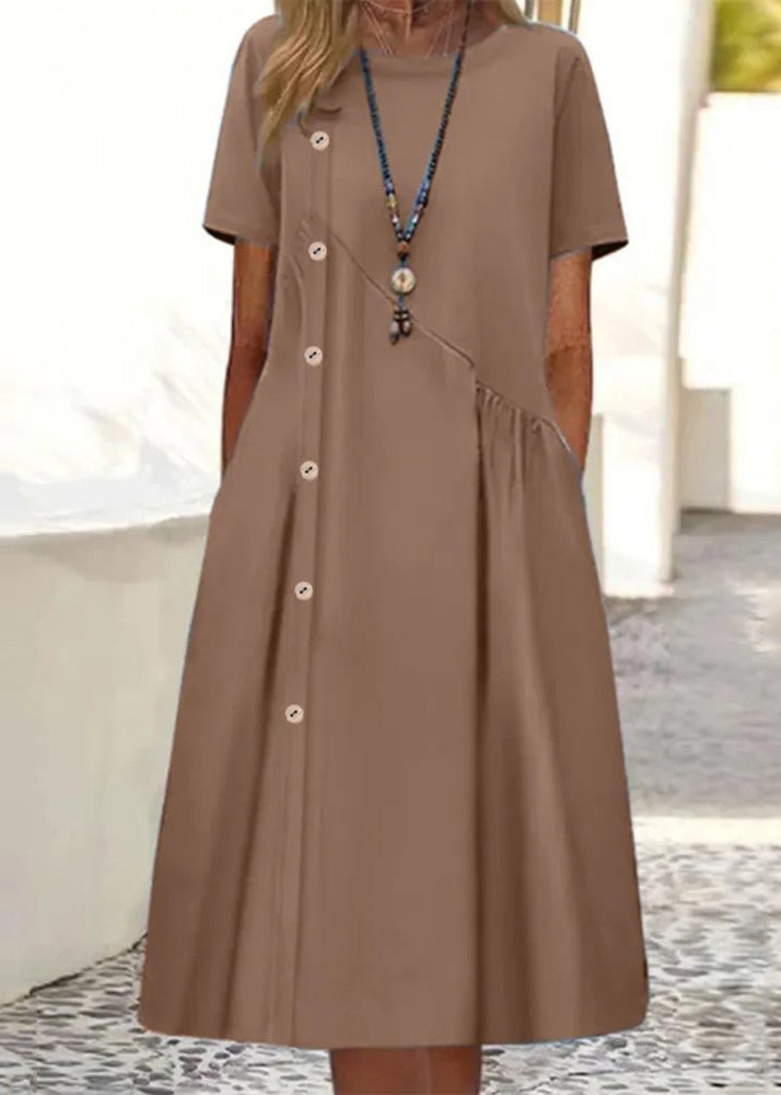 Blue O Neck Pockets Patchwork Cotton Dress Summer