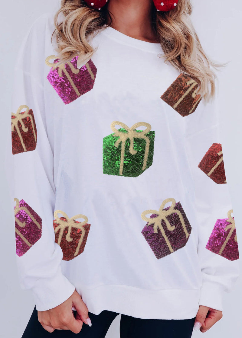 White Embroidered Sequins Cotton Sweatshirt Fall
