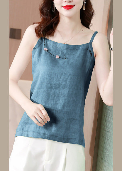 Blue Embroideried Tank Tops Summer