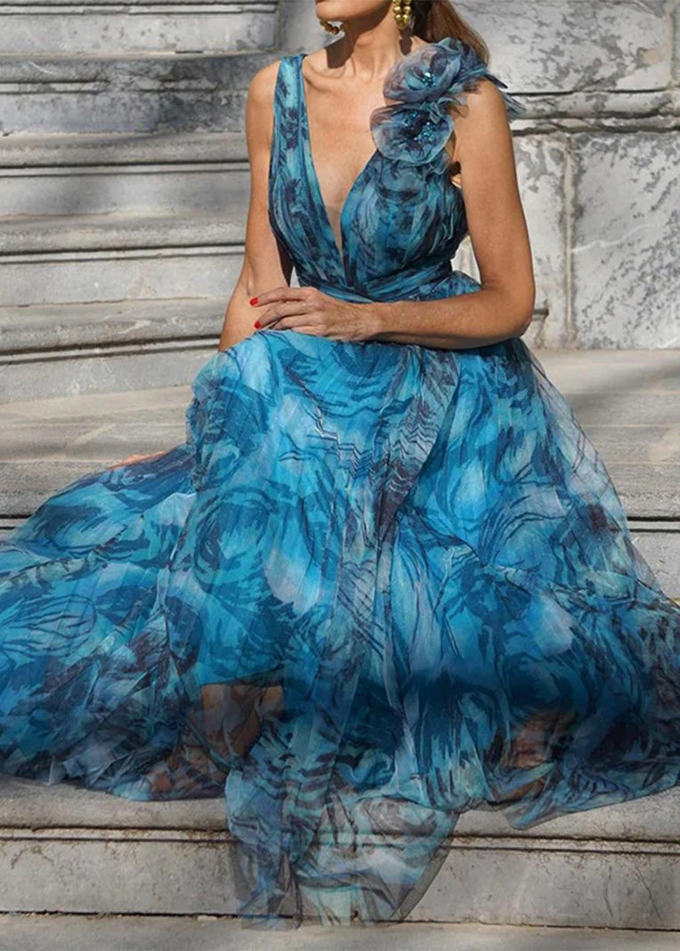 Peacock Blue O Neck Print Chiffon Holiday Dress Summer