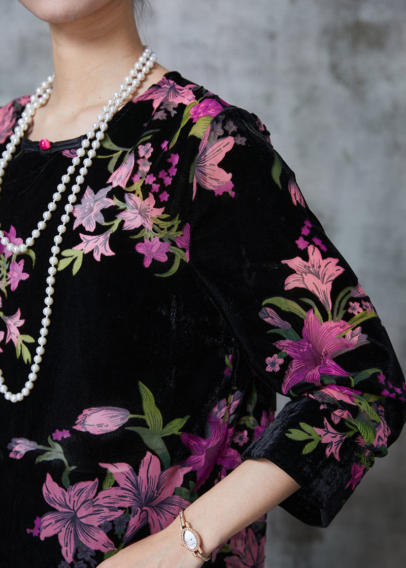 Black Print Chinese Button Silk Velour Shirt Fall