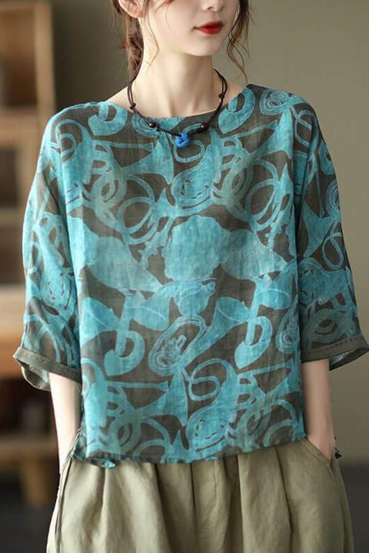 Print Ramie Loose Cinched T-shirt