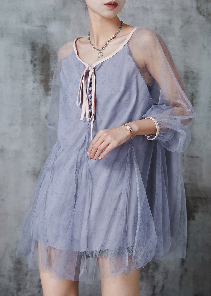 Grey Oversized Patchwork Tulle Top Summer