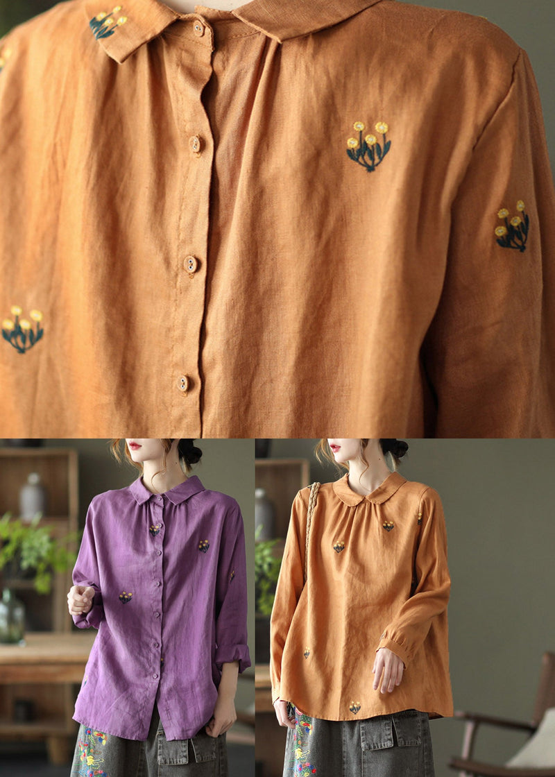 Orange Peter Pan Collar Embroidered Linen Shirt Long Sleeve