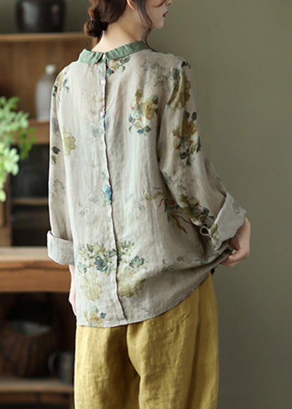 Grey Print Loose Ramie T Shirt Spring
