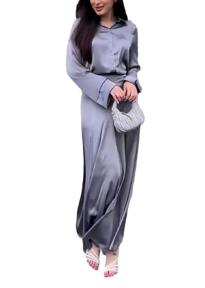 Italian Grey Peter Pan Collar Shirts and Skirts Silk Two Pieces Set Spring