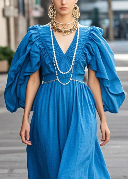 Royal Blue V Neck Wrinkled Cotton Dress Butterfly Sleeve