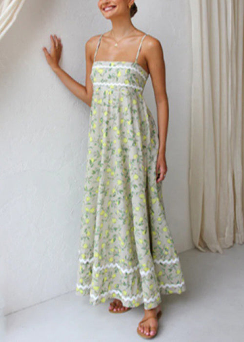 Green Print Patchwork Cotton Spaghetti Strap Dress Summer
