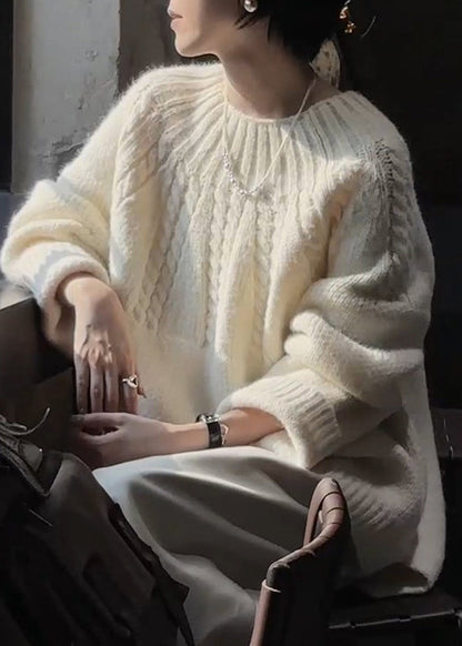 Beige O Neck Thick Cozy Cable Knit Sweater Winter