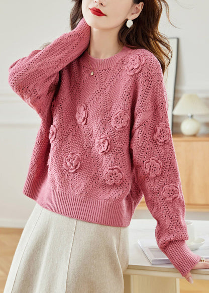 Pink Hollow Out Knit Sweaters Fall