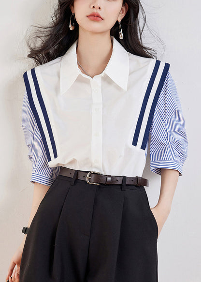 White Peter Pan Collar Striped Patchwork Top Half Sleeve