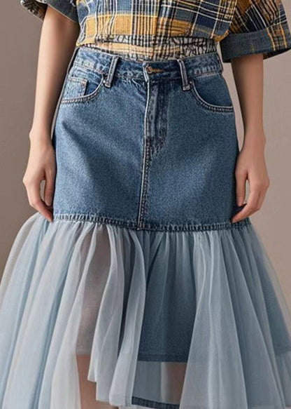 Blue Wraped Patchwork Tulle Denim Skirts Spring