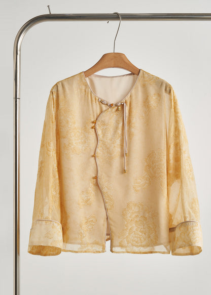 Yellow Tasseled Print Silk Coats Fall