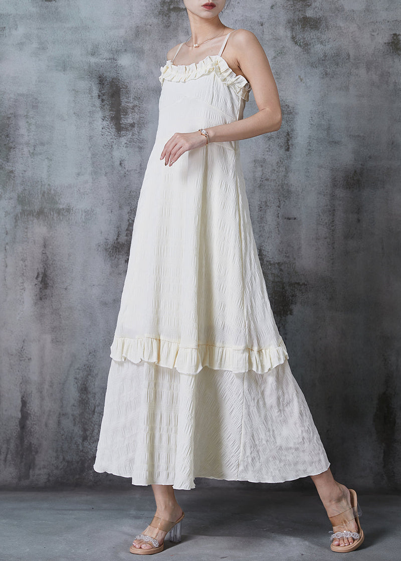 Apricot Ruffled Wrinkled Cotton Spaghetti Strap Dress Summer
