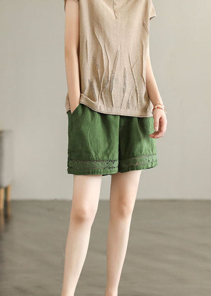 Fine Green Pockets Cinched Lace Patchwork Linen Shorts Summer