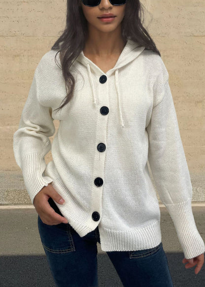 Style White Hooded Button Knit Loose Coat Fall