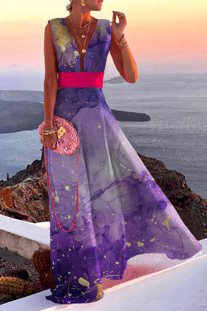 Simplicity Print Split Joint V Neck a Line Dresses