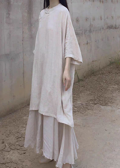 Beige Stand Collar Oriental Button Linen Long Dress Bracelet Sleeve