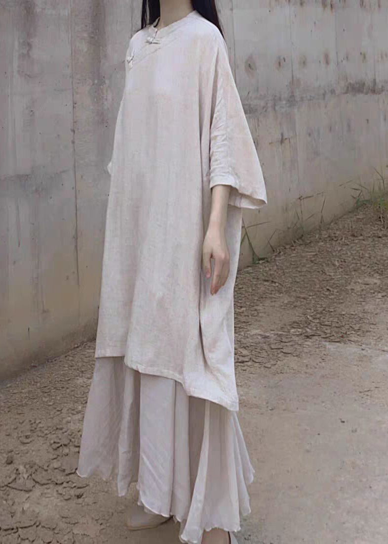 Beige Stand Collar Oriental Button Linen Long Dress Bracelet Sleeve