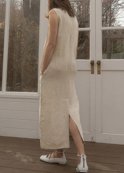 O Neck Pockets Simple Linen Long Dress Sleeveless