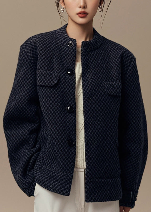 French Black O Neck Button Coat Winter