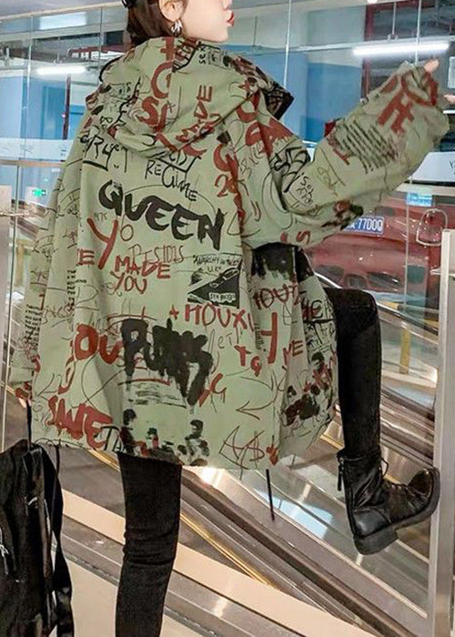 Green Hooded Letter Pockets Cotton Coats Spring
