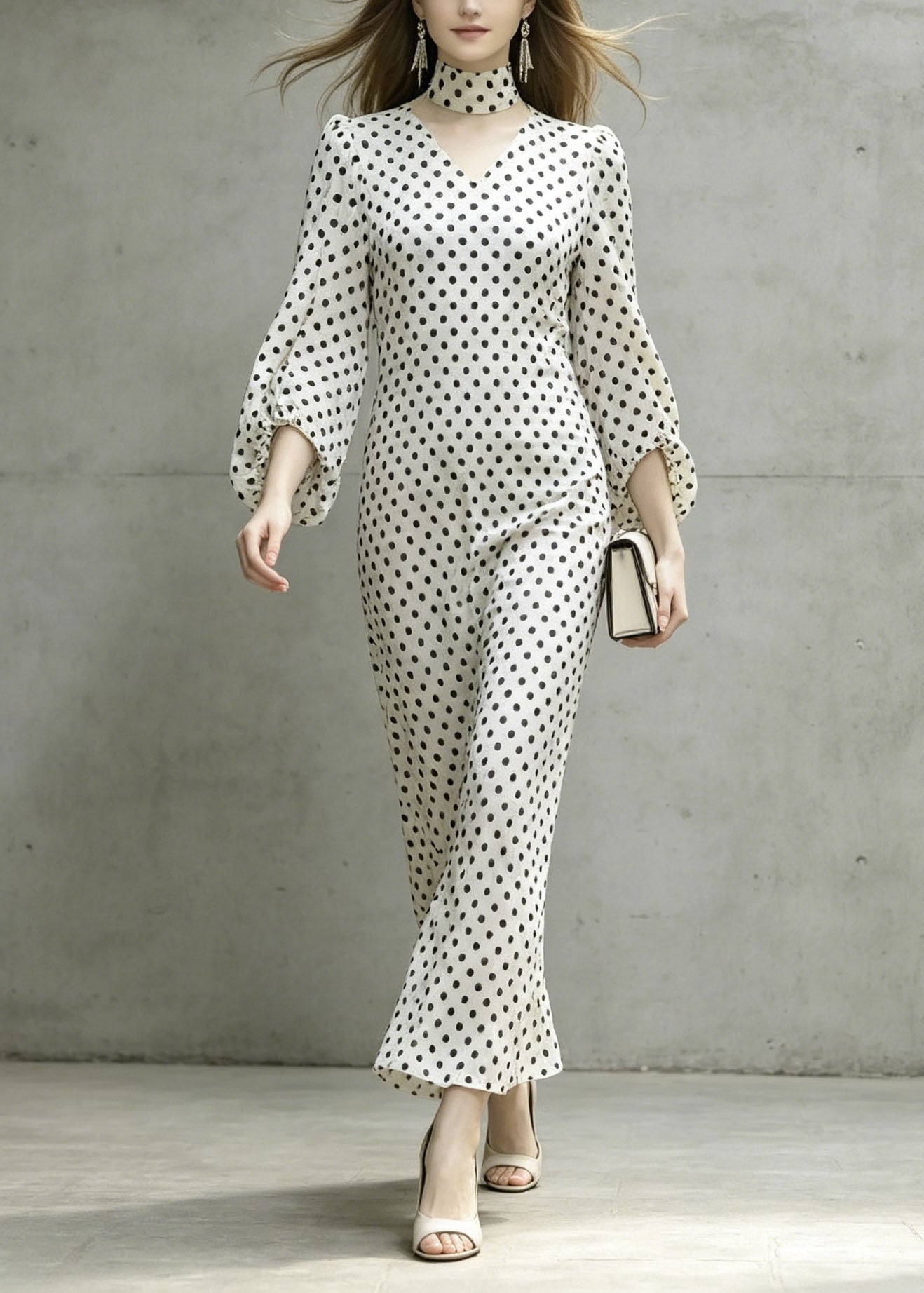 White V Neck Dot Print Chiffon Dresses Lantern Sleeve